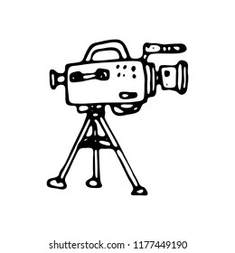 Hand drawn movie camera doodle icon. Hand drawn black sketch. Sign symbol. Decoration element. White background. Isolated. Flat design. Vector illustration.