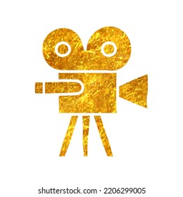 Hand Drawn Movie Camera Icon In Gold Foil Texture Vector Illustration