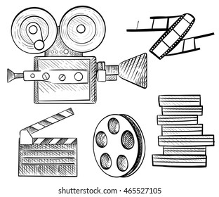 Hand drawn movie camera-original collection isolated vector illustration. Cinema and entertainment arts.