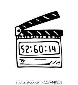 Hand drawn Movie Clapper Board doodle icon. Hand drawn black sketch. Sign symbol. Decoration element. White background. Isolated. Flat design. Vector illustration.