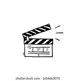 hand drawn Movie clapperboard icon. Film set clapper for cinema production. Board clap for video clip scene start. Lights, camera, action! Hand drawn sketch in vector doodle style