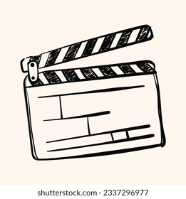 handgezeichnetes Filmklapperboard-Symbol. Filmklapper für die Filmproduktion. Platinenklaps für den Start der Videoclip-Szene. Licht, Kamera, Action! Handgezeichnete Skizze im Vektordoodstil