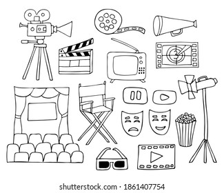 Hand drawn movie illustrations collection. Doodle cinema icons collection. Hand drawn cinema icons collection in vector. Doodle cinema illustrations set in vector