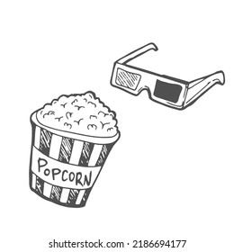Hand drawn movie objects popcorn 3D vector. Cinema concept
