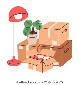 Hand drawn moving boxes. House carton boxes with personal stuff, cardboard boxes with pot plant, books and lamp flat vector illustration. Moving boxes on white