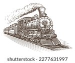 Hand drawn moving retro train, sketch. Vintage steam locomotive in style of old engraving. Vector illustration