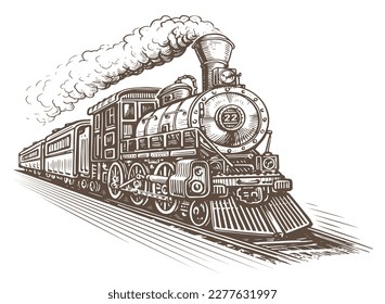 Hand drawn moving retro train, sketch. Vintage steam locomotive in style of old engraving. Vector illustration