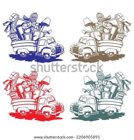 Hand Drawn Moving Truck With Stuff On The Top Vector Illustration. Moving Services Logo Template
