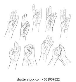 Hand drawn mudra, wise of fingers. Gesture for yoga. Retro set of sketches isolated. Vintage style. Doodle linear graphic design. Black and white image. Vector illustration.