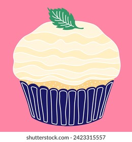 Hand drawn muffin with cream and mint leaf. Tasty cupcake in doodle childish style.