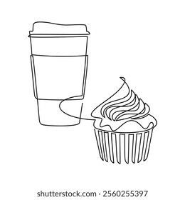 Hand drawn muffin cupcake line continuous drawing. Coffee cup vector illustration. Take away food linear icon. Minimal dessert print, banner, card, logo, brochure, menu, bakery shop sign, pastry