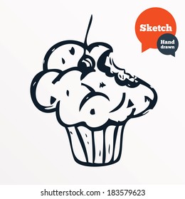 Hand drawn muffin. Sketched bite of cupcake. Sweet cake symbol. Vector