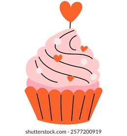 Hand drawn muffin,cupcake with hearts. Cute girly illustration. Perfect for Valentines day, wedding invitation, birthday card.