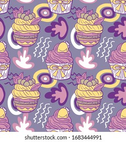 Muffinos dibujados a mano sobre fondo abstracto, patrón sin fisuras