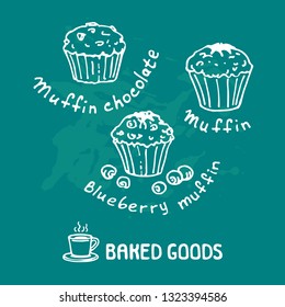 Hand drawn muffins set isolated on blue background. Baked goods. Doodle style. Design element for cafe menu, leaflets, stickers or magnets. Vector illustration.