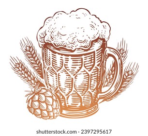 Hand drawn mug of beer with foam, hops and wheat. Pub, sketch vintage vector illustration