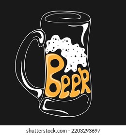 Hand drawn mug of beer and lettering text. Alcoholic vector illustration. Contour element