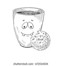 Hand drawn mug and cookies. Mug with a face. Vector illustration in sketch style.