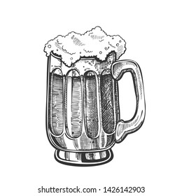 Hand Drawn Mug With Froth Bubble Light Beer Vector. Full Mug With Handle And Foam Alcoholic Frosty Brewery Craft Liquid Light Lager. Pub Tavern Drink Closeup Monochrome Mockup Cartoon Illustration