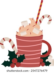 Hand drawn mug with hot chocolate, cream and marshmallow. Seasonal vector illustration of a cup in flat style. Christmas and new year isolated doodle