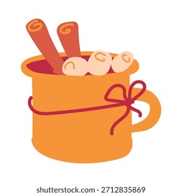 Taza dibujada a mano de cacao caliente con palos de canela y malvaviscos, elemento de decoración de festival de invierno. Icono de Vector a mano alzada de forma de garabato simple aislado sobre fondo blanco