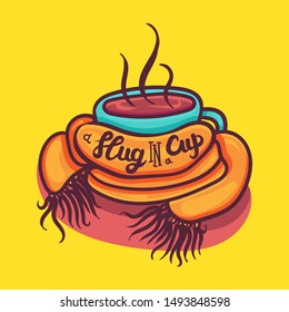 Hand Drawn Mug with Hot Drink Cocoa Braided Scarf Isolated on Yellow Background Banner. Calligraphy Text Slug in Cup and Morning Beverage. Postcard Concept Template Vector Flat Illustration