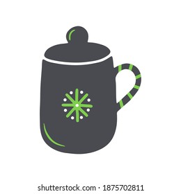 Mugre tirada a mano con tapa para bebidas calientes aisladas en un fondo blanco. Ilustración en un sencillo estilo plano. Se puede utilizar para la decoración de textiles, papel y otras superficies.