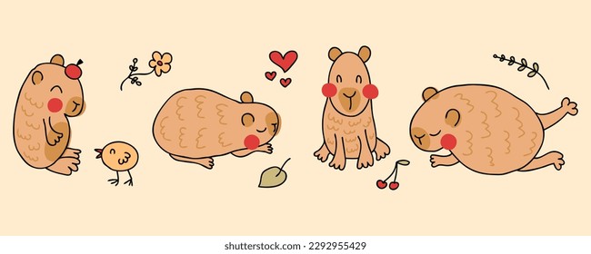 Hand drawn mug print with cute capybaras. Doodle vector illustration for decor and design.
