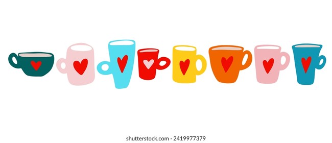 Hand drawn mug set. Doodle cup with hearts for Valentine's Day. Stock vector illustration isolated on a white background.