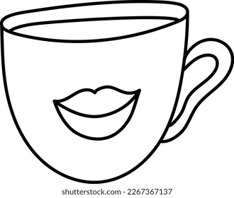 Hand drawn  mug tea or cocoa or coffee with lips. Doodle vector illustration
