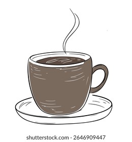 Hand drawn mug with warm drink in cozy sketch style with black outline. Home decor element

