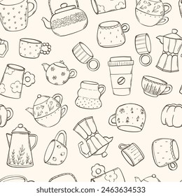 hand drawn mugs and kettles seamless pattern for backgrounds, kitchen textile prints, wallpaper, wrapping paper, scrapbooking, packaging, etc. EPS 10