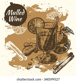Hand drawn mulled wine illustration. Vector card.