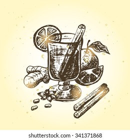 Hand drawn mulled wine illustration. Vector card.