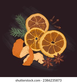 Hand drawn mulled wine ingredients, dried orange slices close up illustration