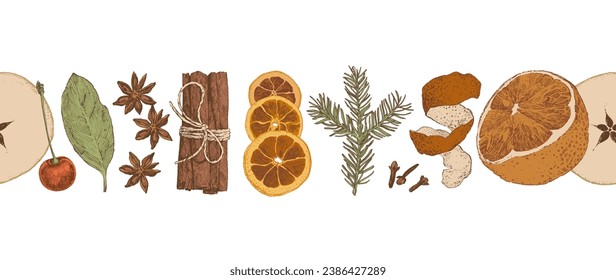 Hand drawn mulled wine ingredients arranged in seamless decoration line. Autumn mood illustration