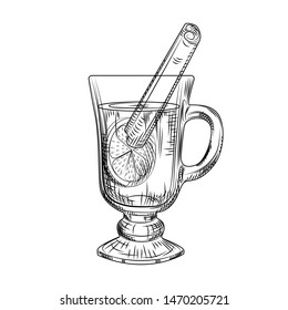 Hand drawn mulled wine isolated on white background. Mulled wine glass. Engraving style. Vector illustration