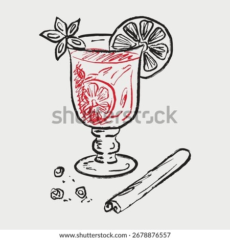 Hand drawn mulled wine with orange slice, cinnamon, pepper and anise star. Vector sketch illustration in vintage crayon retro style. Red wine hot drink, cozy winter, cafe menu