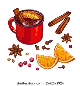 Hand drawn mulled wine recipe. Hot drink in cup, anise stars, cinnamon, orange slices, cloves, cranberry. Vector illustration  isolated on white background.