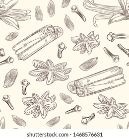 Hand drawn mulled wine spices seamless pattern. Cinnamon sticks, cloves, vanilla, anise, cardamom, ginger. Engraving style. Vector illustration