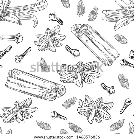 Hand drawn mulled wine spices seamless pattern. Cinnamon sticks, cloves, vanilla, anise, cardamom, ginger on white background. Engraving style. Vector illustration