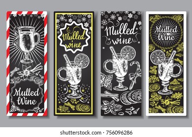 Hand drawn mulled wine vector banners set. Black and white sketch posters with wine glass. Menu cards design templates in retro vintage style.