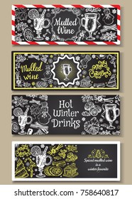 Hand drawn mulled wine vector banners set. Sketch posters with wine glass. Menu cards design templates in retro vintage style.