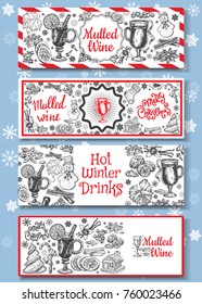 Hand drawn mulled wine vector banners set. Black and white sketch posters with wine glass. Menu cards design templates in retro vintage style.