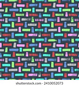 Handgezeichnete mehrfarbige Ziegelsteine oder nahtlose Textur. Nahtloses Muster mit Webmotiven. Horizontale oder vertikale, fette Pinselstriche. Baumwolle oder Leinen abstraktes Motiv. Strippte Gewebe Textur.