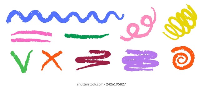 Hand Drawn Multi colored Charcoal lines and squiggle set. Vector Wavy line, Check mark, Twirl and Smears, isolated on White. Naive Doodle sketchy lines pack. Childish, Doodle free drawing.