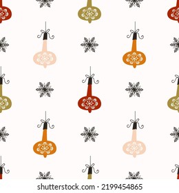 Hand drawn multi colored Christmas tree toys and doodle snowflakes. Vector seamless pattern.