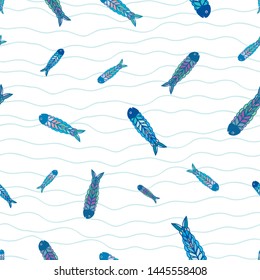 Hand drawn multicolor fish in folk art style design. Seamless vector pattern on white background with blue doodle waves. Great for beach, food, kitchen, cafe products, stationery, packaging, fabric.