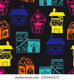 Hand Drawn Multicolor Fun Houses Vector Seamless Pattern