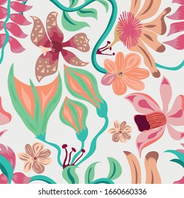 Hand drawn multicolor funny cartoon vector flowers and leaves seamless pattern on white background. Exotic creative illustration repeating style image.